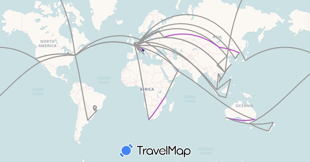 TravelMap itinerary: driving, plane, train, boat in United Arab Emirates, Argentina, Australia, Brazil, China, Denmark, France, United Kingdom, Hong Kong, Indonesia, Italy, Japan, South Korea, Luxembourg, Mongolia, Macau, New Zealand, Philippines, Russia, Sweden, Singapore, Tanzania, United States, Vietnam, South Africa (Africa, Asia, Europe, North America, Oceania, South America)